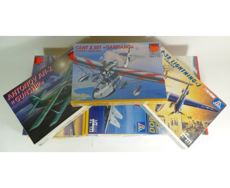 Italeri, eight vintage plastic 1:72 kits of aviation models, 122, 156, 121, 117, 038, 032, 009, 112, and a 50th anniversary D