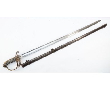 An 1845 pattern British Officers sword, the blade and guard with Victorian cipher, fishscale grip and steel scabbard, the bla