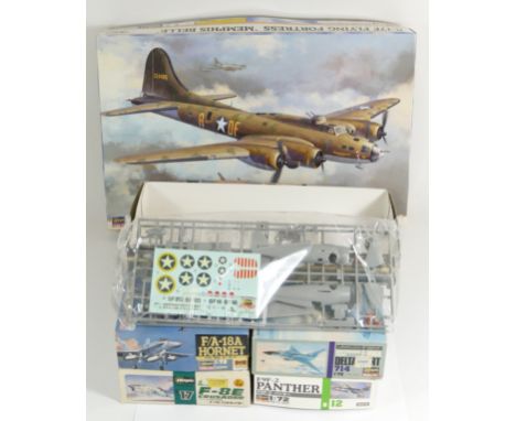 Hasegawa, six vintage plastic 1:72 kits of aviation models, 00971, 02810, E17, 714, B12, 51324 AP24. 