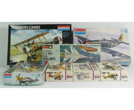Monogram, four vintage plastic 1:72 kits of aviation models, 6794, 6795, 6796, PA177-100, and three 1:48 models 5207, 74004 a