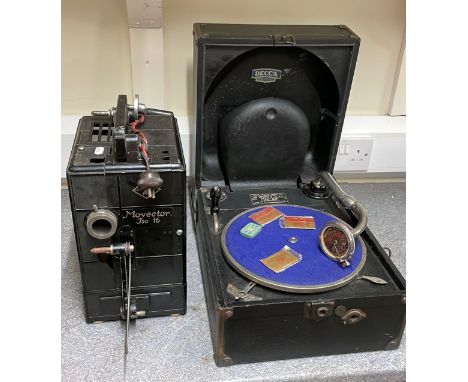 A 20th century cased Decca model 66 record player, Pat No. 15849, 9923, Inst No. 34356, together a German Agfa Movecto JSO 16