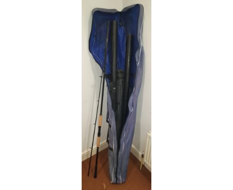 A Maver Strongarm 1250 fishing pole, together with a Quick Silver carp rod, a Sonic rod, a brolly and a holdall with accessor