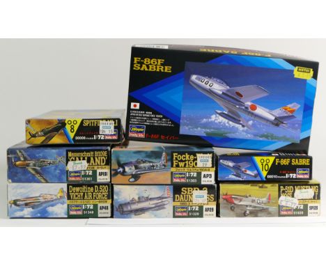 Hasegawa, eight vintage plastic 1:72 kits of aviation models, AP101 51361, AP48 51348, AP3 51303, AP29 51329, SP120 51620, 00