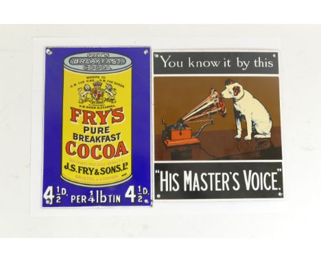 A reproduction vitreous enamel Fry's Pure Breakfast Coca sign and a His Master Voice example 