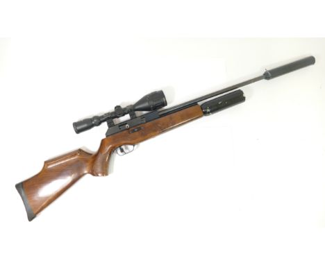 BSA England .22 cal Gas-Ram air rifle, including sound moderator, aperture for a seven-shot magazine (not included) fitted wi