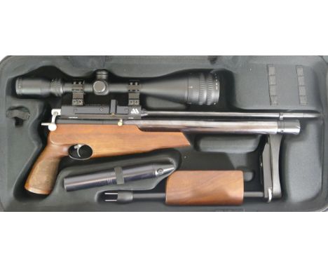 Air Arms England S410F TDR .22 cal bolt action air rifle fitted with Hawke 4-16x50 telescopic sight, sound moderator, apertur