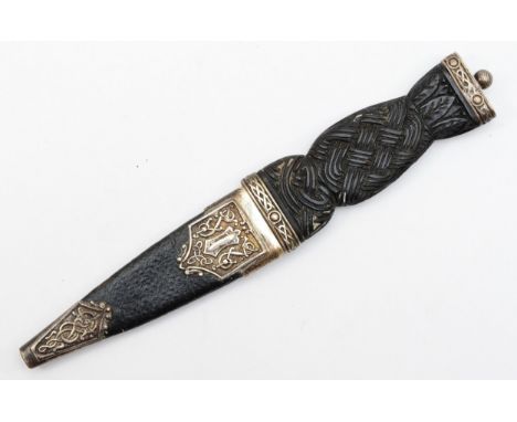 A Scottish silver mounted basket weave hardwood sgian-dubh, by Robert Allison, Glasgow 1949, golf ball finial, 18.5cm overall