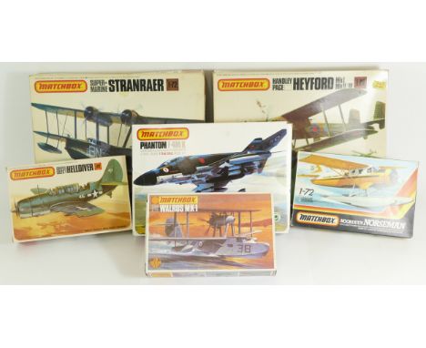 Matchbox, six vintage plastic 1:72 kits of aviation models, PK-601, PK-605, 40404, PK-105, PK-125, and PK-104. 