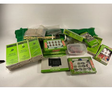 Subbuteo; various scale model football teams together with various other accessories to include football pitch, goals and flo