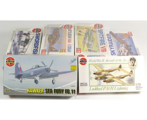 Airfix, twelve vintage plastic 1:72 kits of aviation models, two 02042, three 02016, two 02046, 02030, 02088, 02071, A02045 a