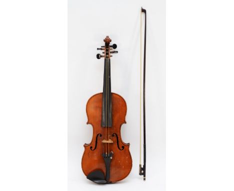 A 20th century walnut Murdoch Murdoch &amp; Co violin, 60cm, together with an ebony and mother of pearl bow, in a walnut fitt