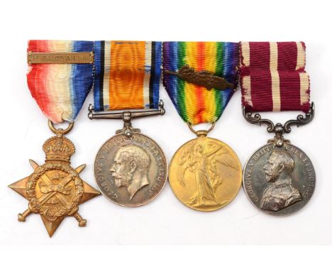 WWI mounted group of four, Mons Star with 5th Aug- 22nd Nov 1914 bar, War, Victory with laurel wreath and Army Meritorious Se