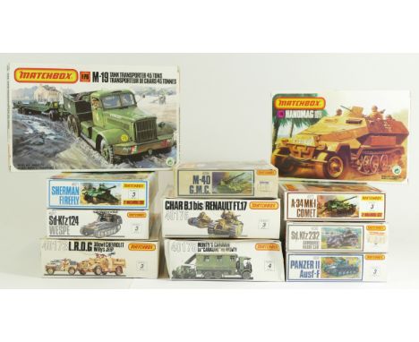 Matchbox, eleven vintage plastic 1:76 kits of military models, 40175, 40176, 40173, 40077, 40071, 40086, 40174, 40083, 40081,