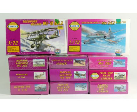 Smér, eleven vintage plastic 1:72 kits of aviation models, 0838, 0834, 0837, 0839, 0851, 0834, 0835, 0856, 0849, 0841, and a 
