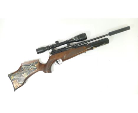 BSA R-10 Mk2 .22 (5.5) PCP air rifle, with chequered shaped stock, magazine, and moderator, serial number R229283-13 topped w