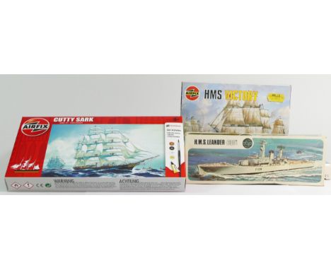 Airfix, nine vintage plastic kits of maritime models, HMS Leander 600th scale model, 01206-9, Santa Maria, 61265-0, Cutty Sar