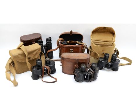 REL/Canada 6x30 1944 WWII binoculars with canvas case, another pair, 1943, an Army Pattern No. 3 pair, leather cased and two 