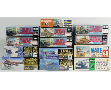 Hasegawa, twelve vintage plastic 1:72 kits of aviation and military models, MB-002, Mt22 31122, Mt5 31105,  Mt4 31123, two Mt
