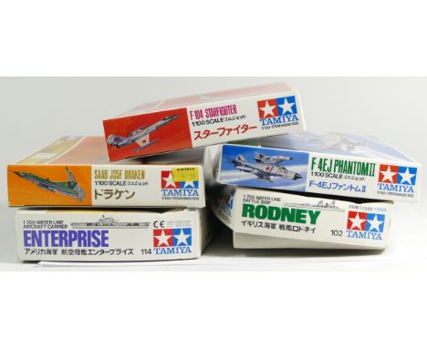 Tamiya, a vintage plastic 1:700 British Battleship HMS Rodney Waterline Series kit model, 77502,  1:700 U.S. Aircraft Carrier
