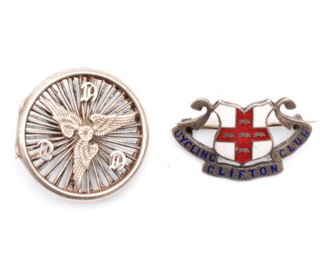 A silver Cycling Touring Club, brooch/locket, Birmingham 1978, 31mm, 11gm and an enamel Clifton Cycling Club members badge 