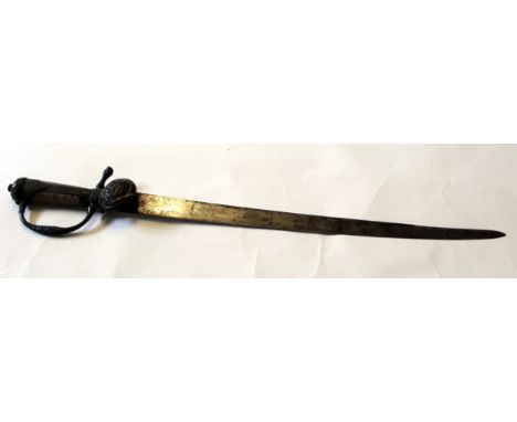 Late 19th century European hunting sword, the blade with traces of etched decoration, with fishskin handle, the pommel and gu