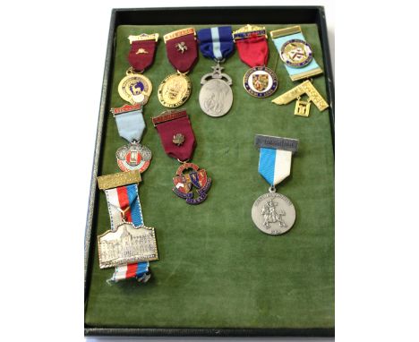 Collection of nine assorted Masonic regalia, medals, mainly in gilt metal and enamel including a number of Steward medals wit