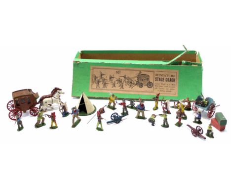 Miniature stage coach made by Johillco, comprising a stage coach with cowboys and Indians in fighting attitudes, in original 