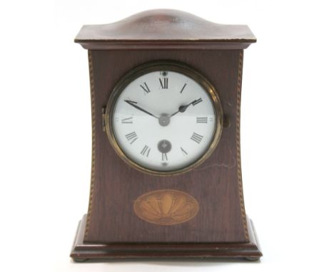 Edwardian mantel clock, the white enamel dial with Roman numerals and shell inlay below, 19cm high  