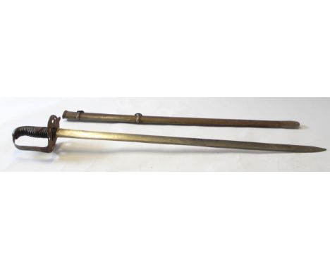 First World War Infantry sword with wire bound handle and metal guard, the blade approx 89cm long in steel scabbard