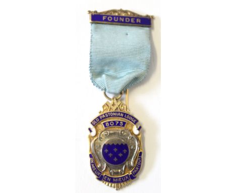 Hallmarked silver gilt and enamel Masonic founder's jewel for the Old Pastonian Lodge No 8075  