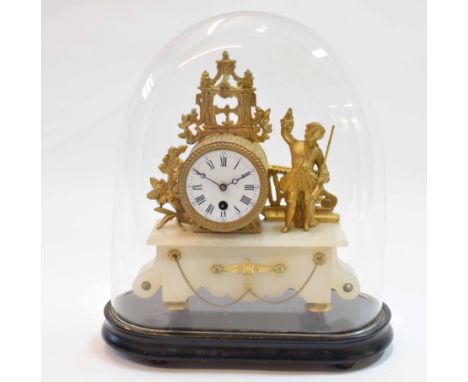 Late 19th century gilt spelter and alabaster mounted timepiece, the plinth shaped case surmounted by a drum shaped case flank