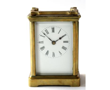 Early 20th century brass carriage clock, the white Roman enamel dial with Swiss movement, 11cm high