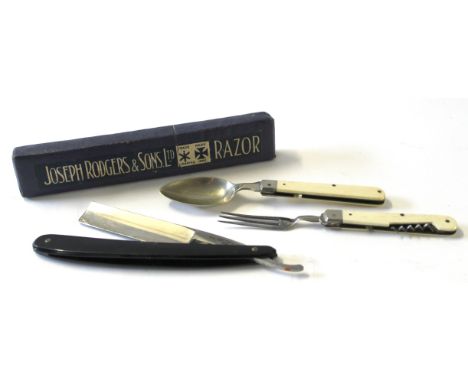 Vintage folding fork and knife set, together with boxed Joseph Rodgers razor   
