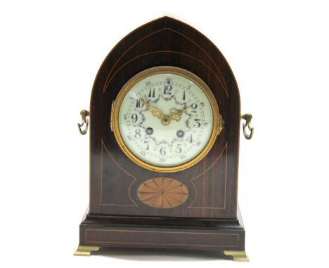 Edwardian mantel clock with inlaid case, the enamel dial decorated with swags of roses, the French movement by Marti, the clo