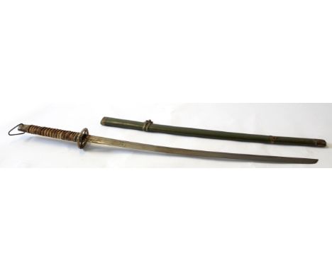 World War II regulation issue Japanese soldier's sword, the sword in green coloured metal scabbard with a leather bound hilt 