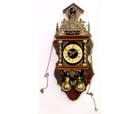 Mid-20th century Dutch cuckoo style clock with gilt chapter ring, Roman numerals surrounded by two columns with a series of f