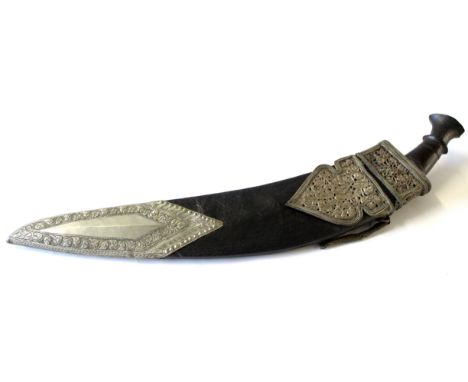 Middle Eastern kukri type knife with wooden handle, the leather scabbard with applied silver filigree work, blade 40cm approx