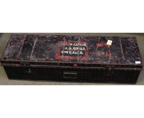 Vintage military interest tin trunk, named to ?? Capt N G Ronald, 4th VBA &amp; SH, approx length 1.2m  