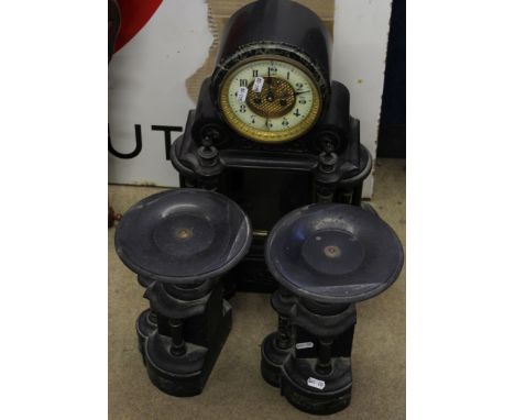 Late 19th century slate mantel clock with two slate vases