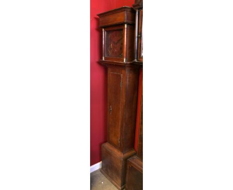 Oak cased longcase clock, the case containing a brass dial inscribed M Dean, plain trunk door above a rectangular base, 190cm