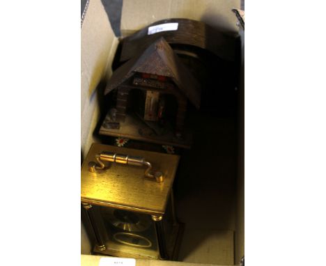 Collection of four clocks, one wooden mantel clock, further wooden cuckoo Vienna type clock and a brass carriage clock (4)  