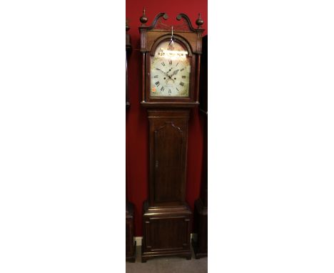 Late Victorian oak cased longcase clock with swan neck pediment and arched dial with Prince of Wales feathers to arch, painte