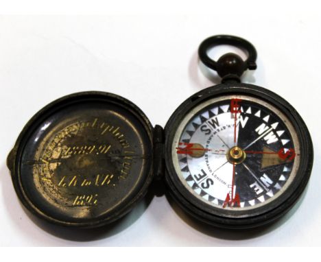 Pocket compass, the interior inscribed Pilcomayo Exploration 1889-91 GK to VR, 1895.  Note: the Pilcomayo was an Argentinian 