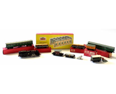 Collection of Hornby Dublo railway accessories including an engine in BR livery No 80054 with box and two Hornby electric coa