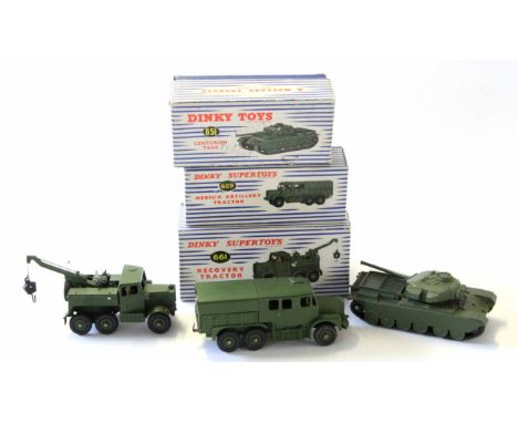 Group of three Dinky military vehicles in original boxes comprising a Centurion tank No 651, a recovery tractor No 661, and a