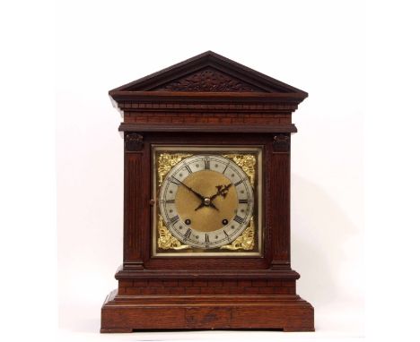 Early 20th century oak cased 8-day mantel clock, Winterhalter &amp; Hoffmeier, the architectural case with Palladian pediment