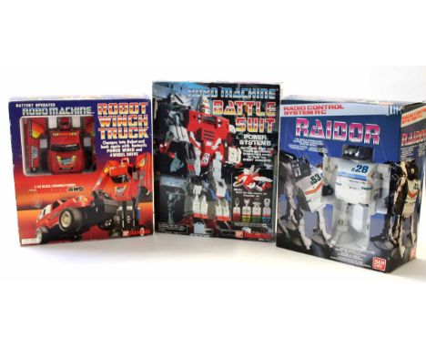 Bandai radio controlled Rador together with a Bandai robot winch truck and Bandai Robomachine battle suit, all in original bo