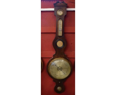 Mid-19th century mahogany cased wheel barometer with swan necked pediment over a silvered hygrometer to a detachable single s