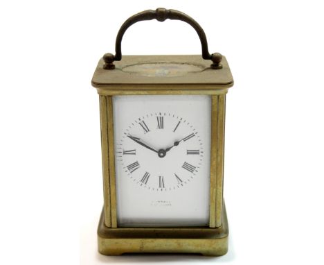 Early 20th century English brass carriage clock, the white enamel dial indistinctly marked with a Lowestoft manufacturer, 10c