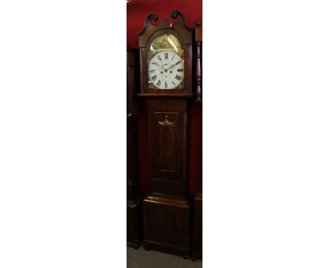 19th century longcase clock with swan neck pediment, arched dial with painted lady, the dial inscribed "David Dewar, Doun", t